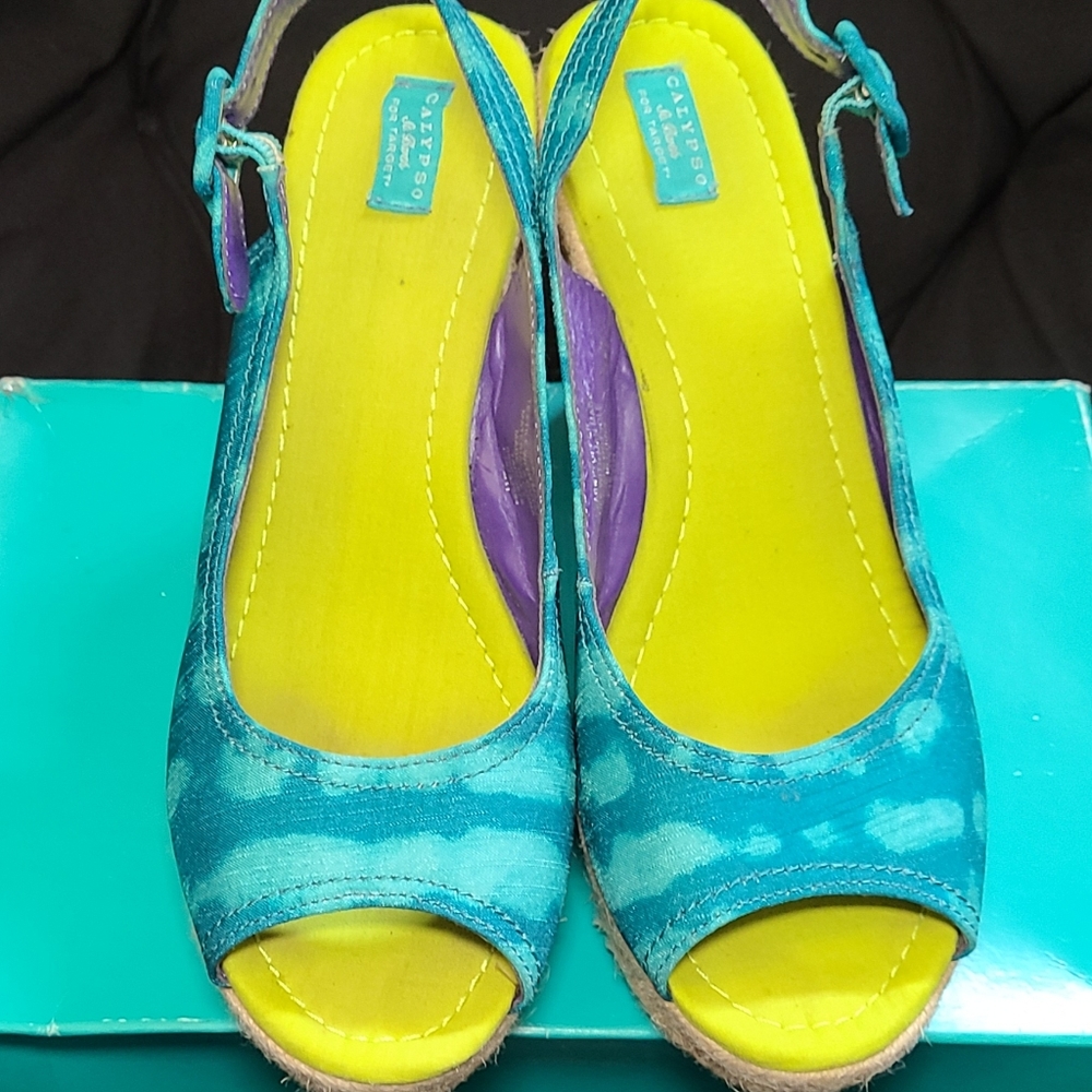 Calypso St. Barth peep toe sling back wedges